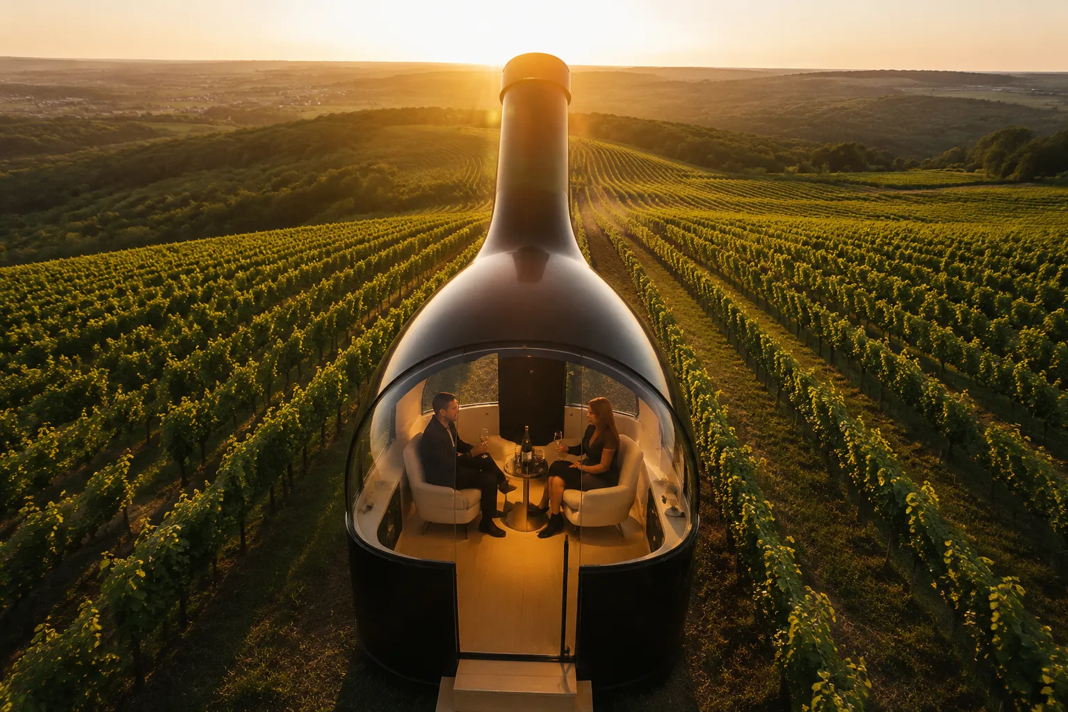 Vignoble verdoyant au coucher de soleil, capsule transparente avec deux personnes à l'intérieur.