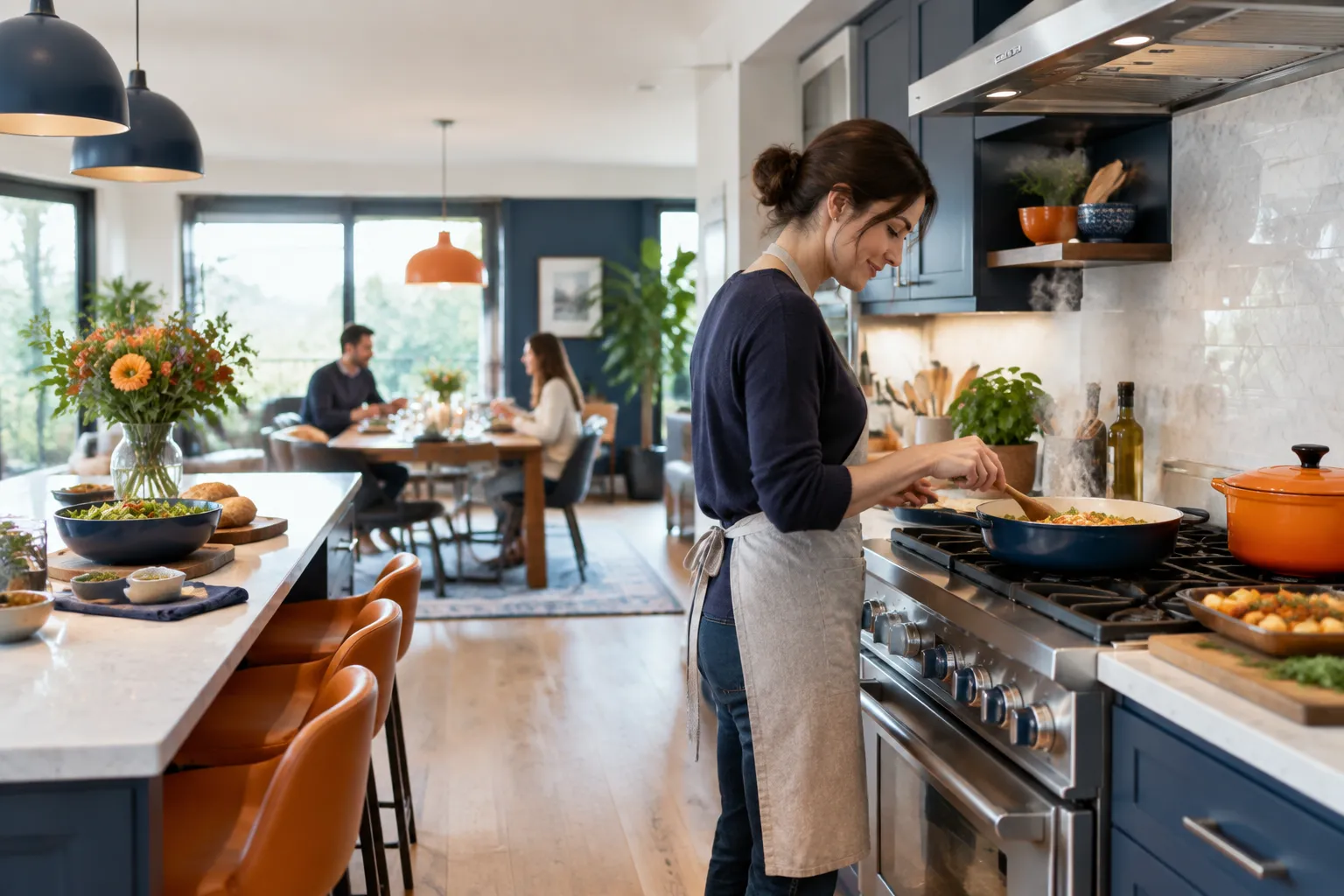 Femme cuisinant dans une cuisine moderne ouverte et lumineuse