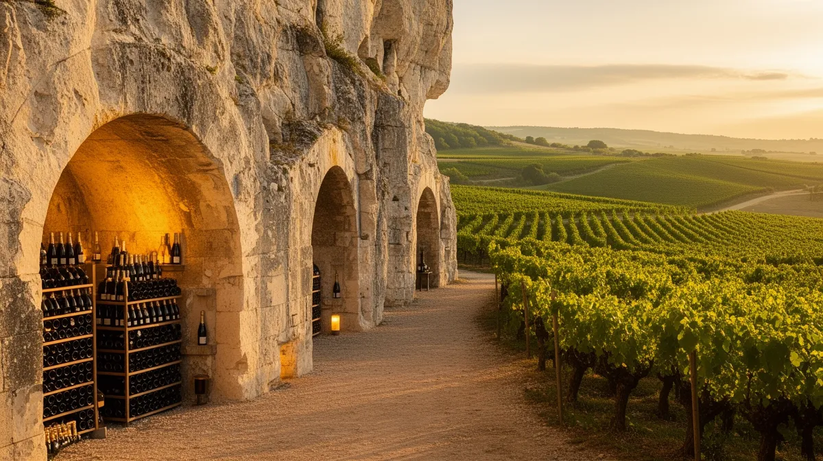 Vignoble pittoresque au coucher de soleil, avec des arches de pierre et des rangées de vignes.