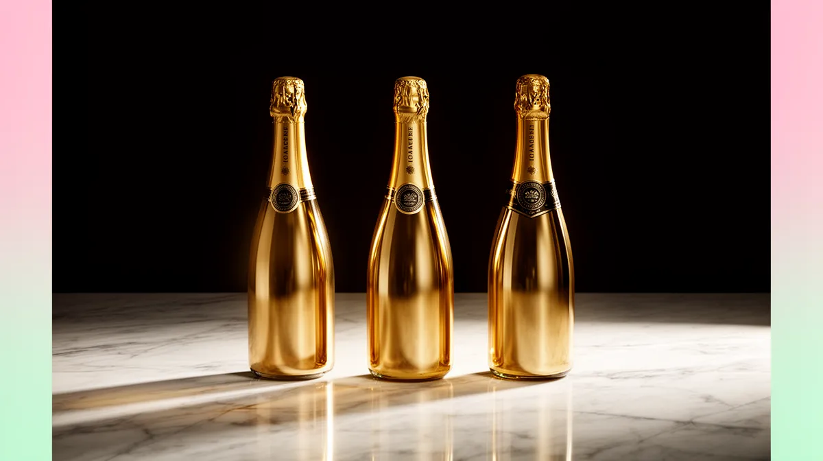 Bouteilles de champagne dorées sur fond sombre.