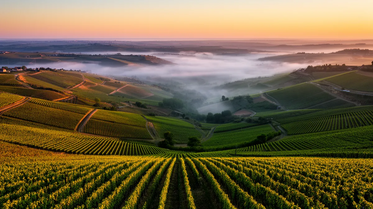 Paysage viticole vallonné au coucher de soleil, brume matinale.