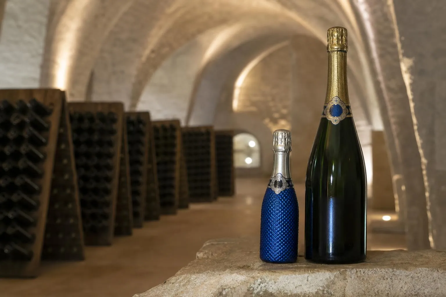 Bouteilles de champagne dans une cave voûtée.