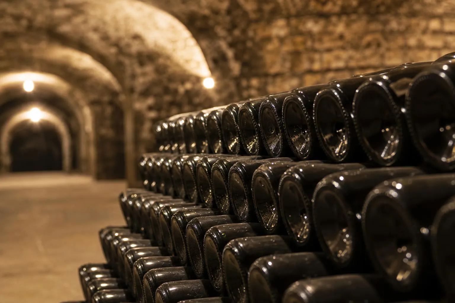 Rangées de bouteilles de vin dans une cave sombre et voûtée.