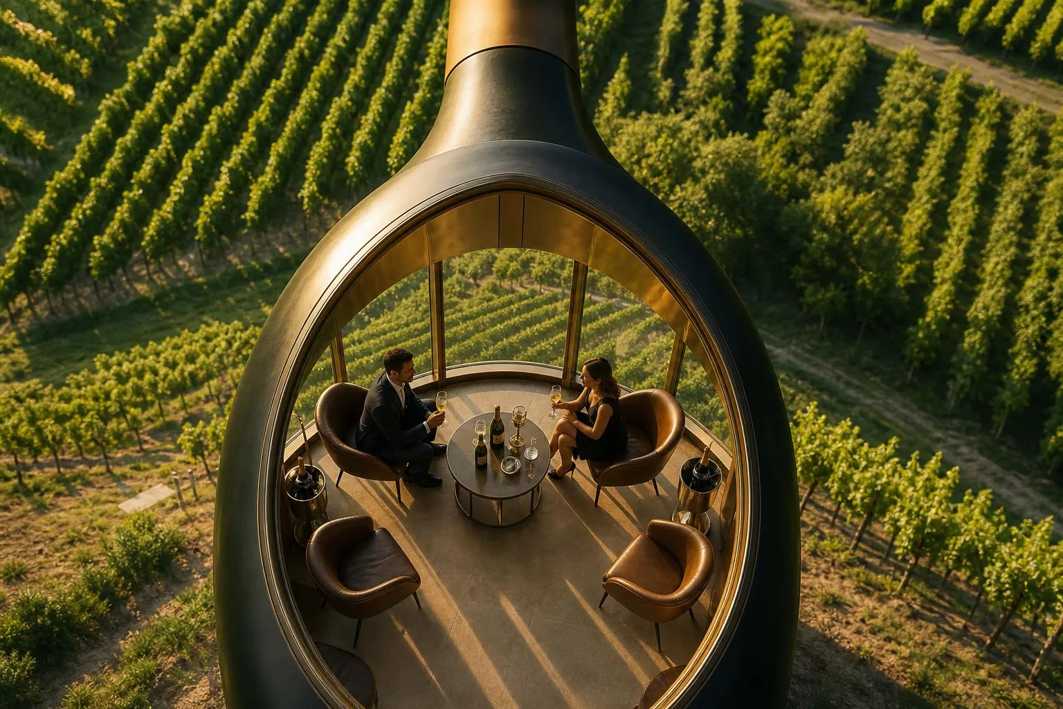 Deux personnes dégustant du vin dans un vignoble avec vue panoramique.