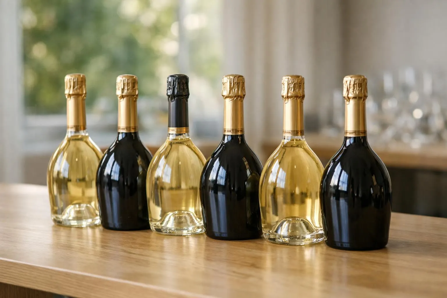 Bouteilles de champagne alignées sur une table en bois.