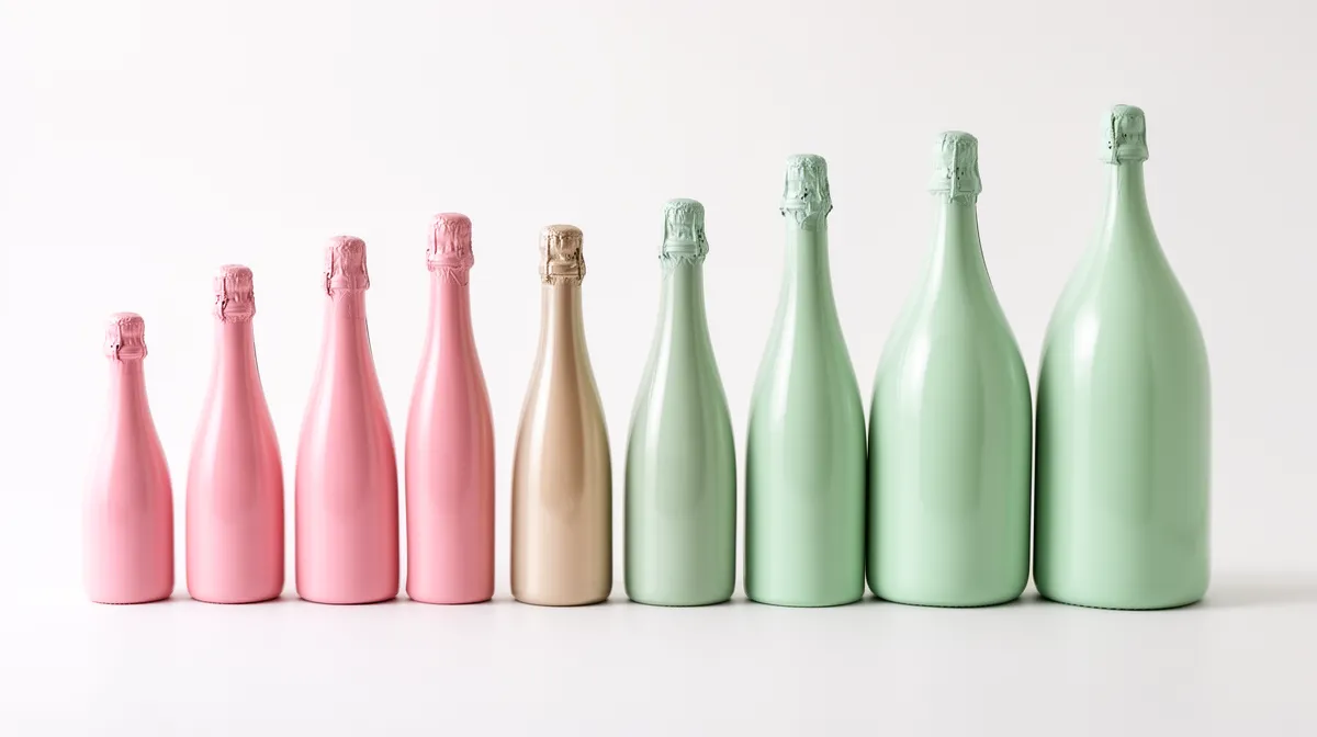 Bouteilles de champagne roses et vertes alignées.