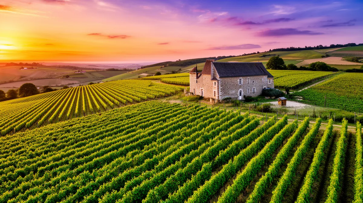 Vignoble verdoyant au coucher de soleil, château médiéval pittoresque.