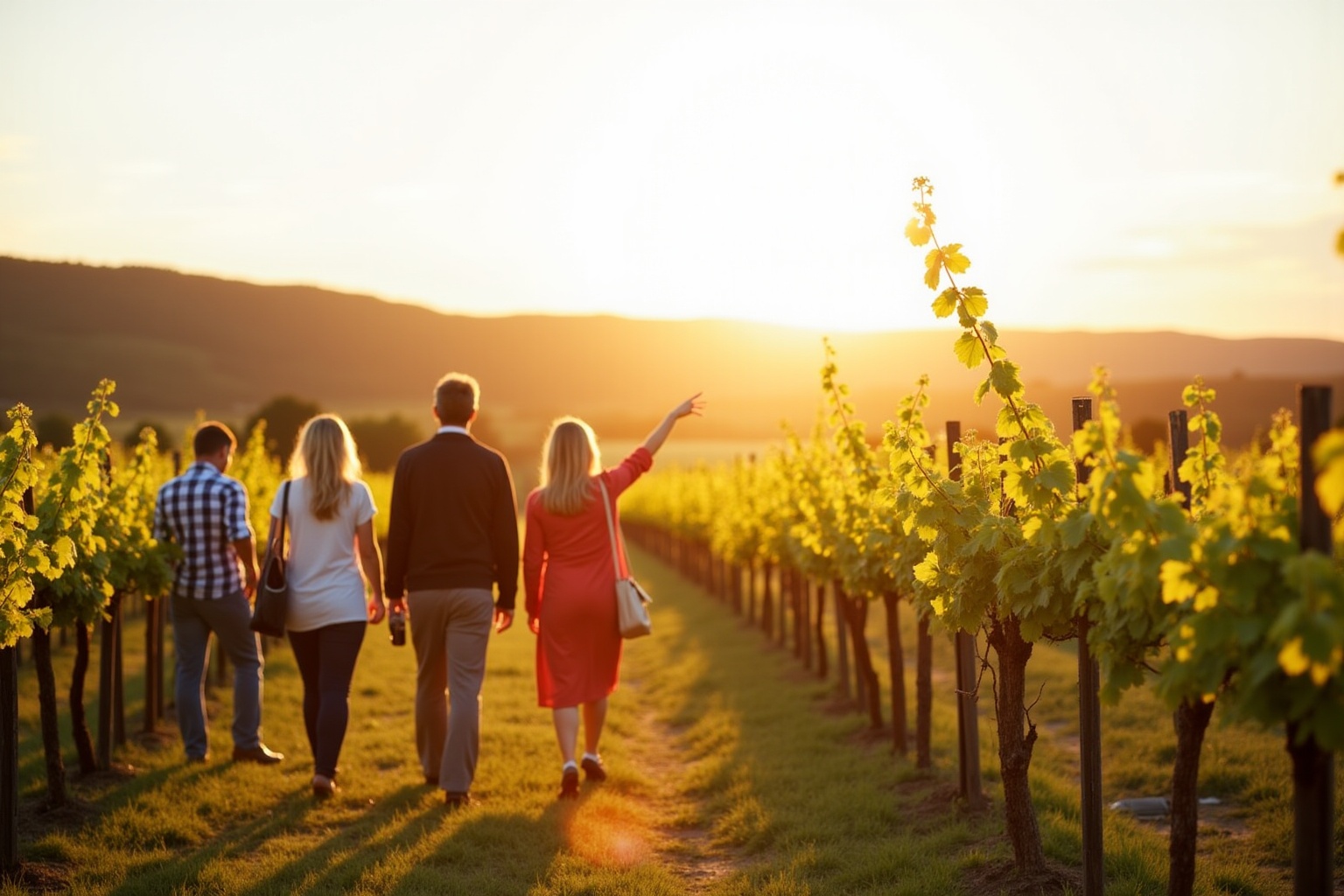 Groupe de personnes marchant dans un vignoble au coucher de soleil.
