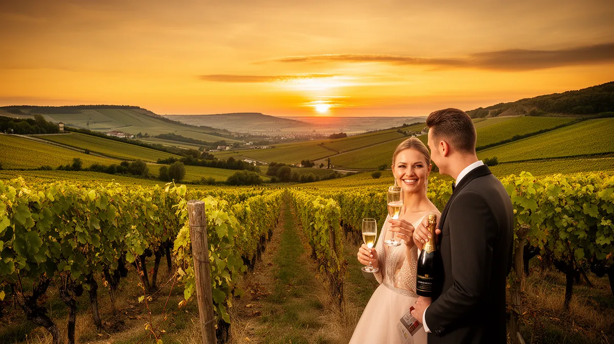 Couple de mariés célébrant un coucher de soleil dans un vignoble.