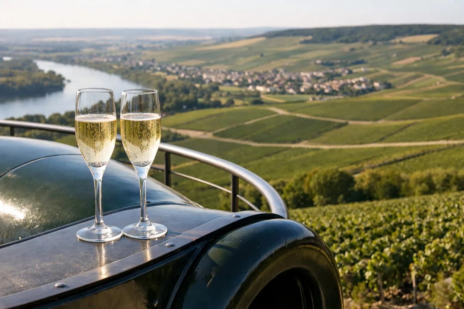 Deux flûtes de champagne avec vue panoramique sur un vignoble.