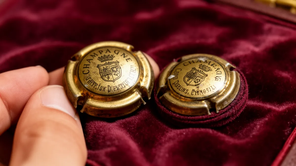 Deux capsules de champagne dorées sur un fond de velours rouge.