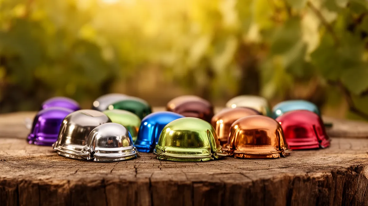 Assortiment de capsules métalliques colorées sur un tronc d'arbre.