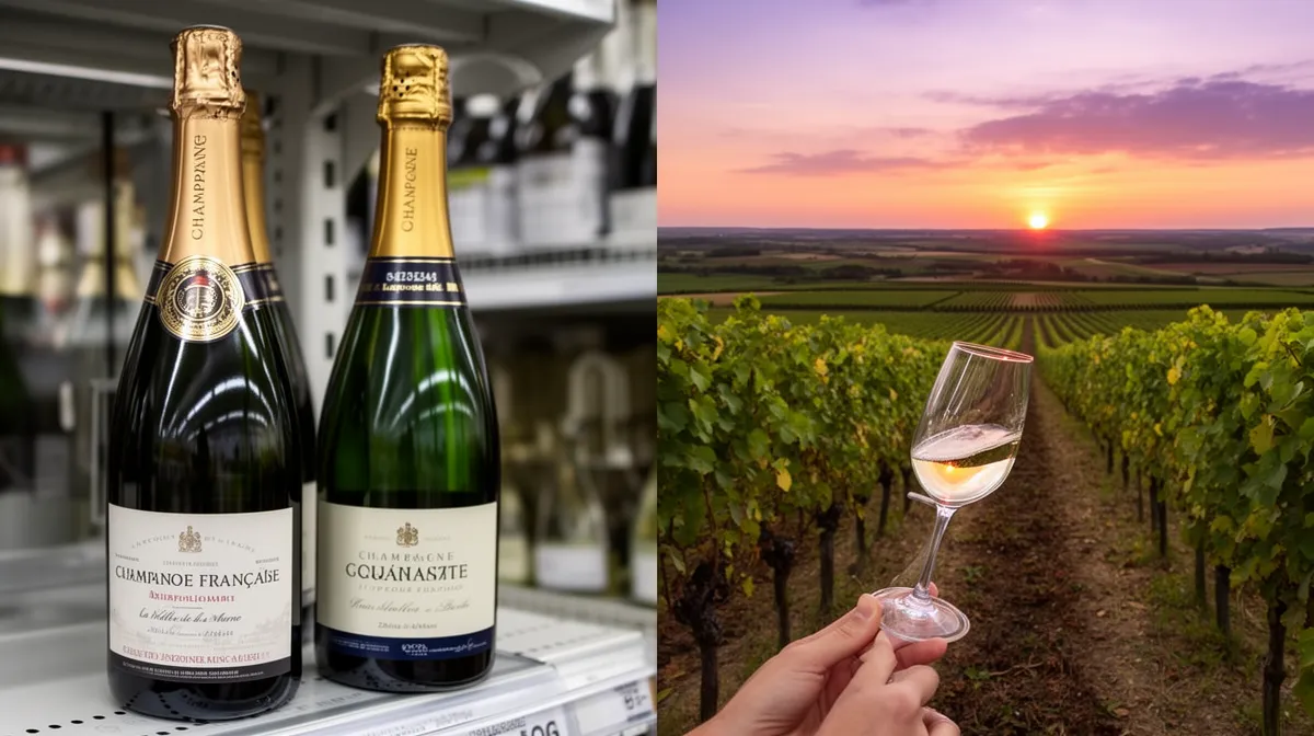 Bouteilles de champagne et verre de vin dans un vignoble au coucher de soleil.