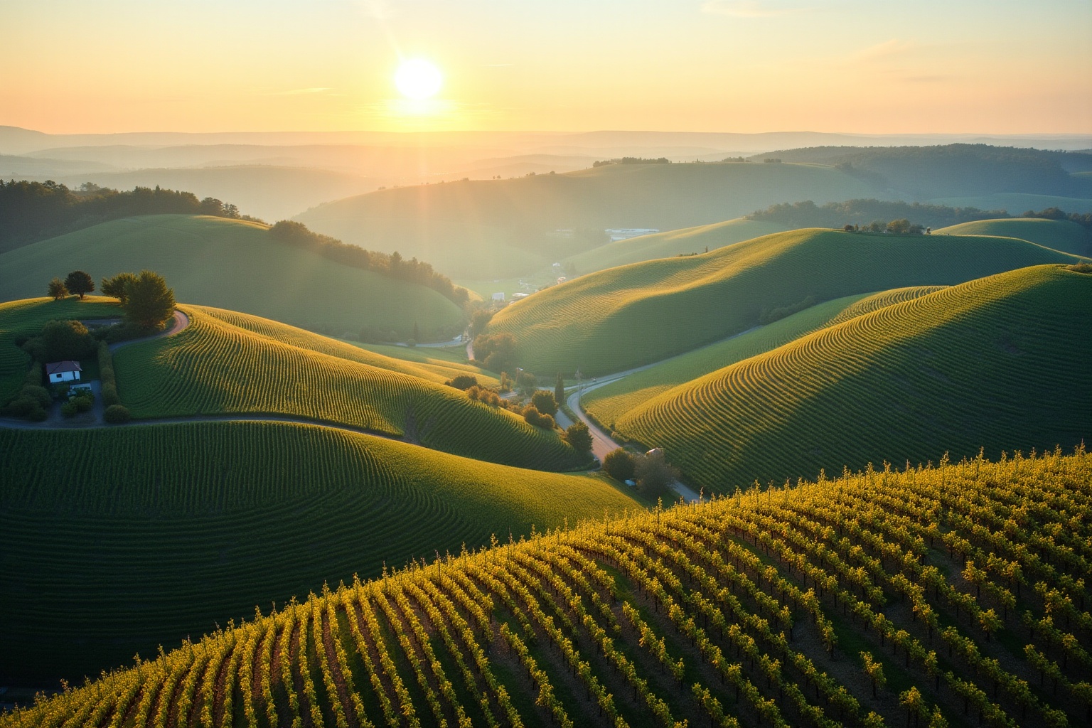 Paysage vallonné de vignobles dorés au coucher de soleil.