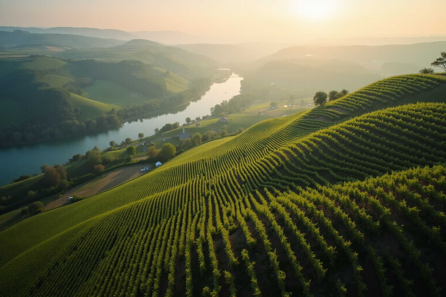Paysage vallonné de vignobles verdoyants au coucher de soleil.