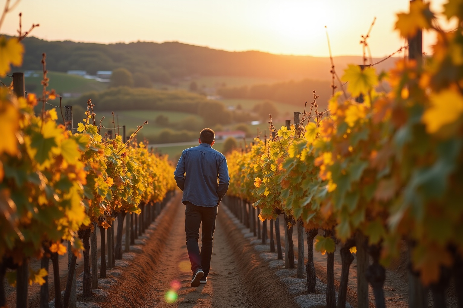 Homme marchant dans un vignoble d'automne au coucher de soleil.