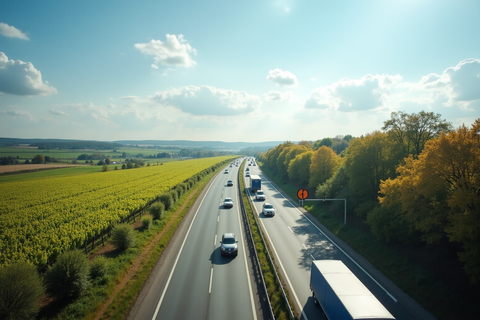 Autoroute traversant un paysage verdoyant avec des champs et des arbres colorés.