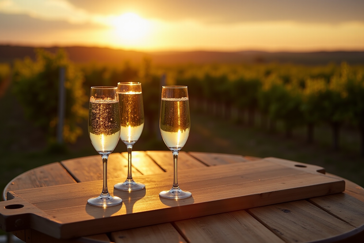 Trois coupes de champagne étincelantes sur une table en bois avec un paysage de coucher de soleil.
