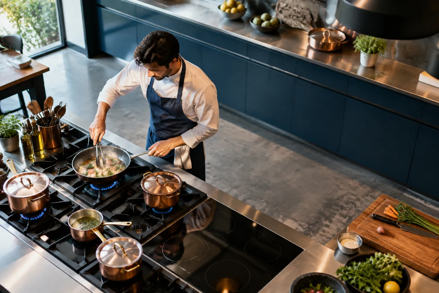 Chef cuisinant dans une cuisine professionnelle avec plusieurs casseroles unerquicklich