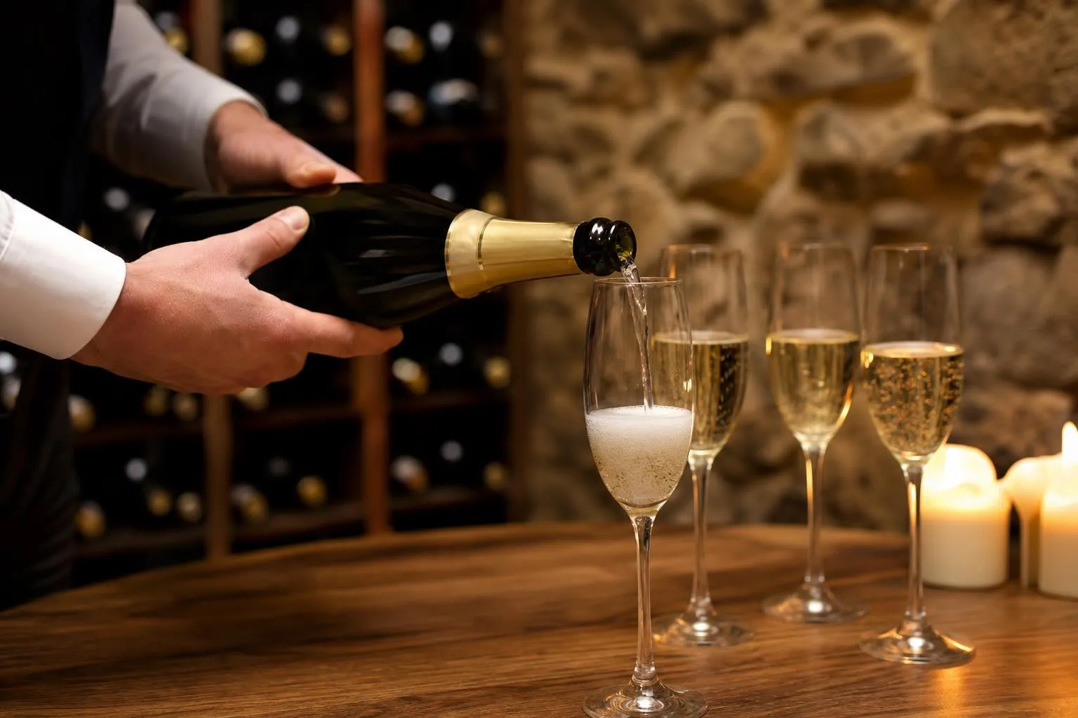 Bouteille de champagne versée dans des flûtes sur une table en bois.