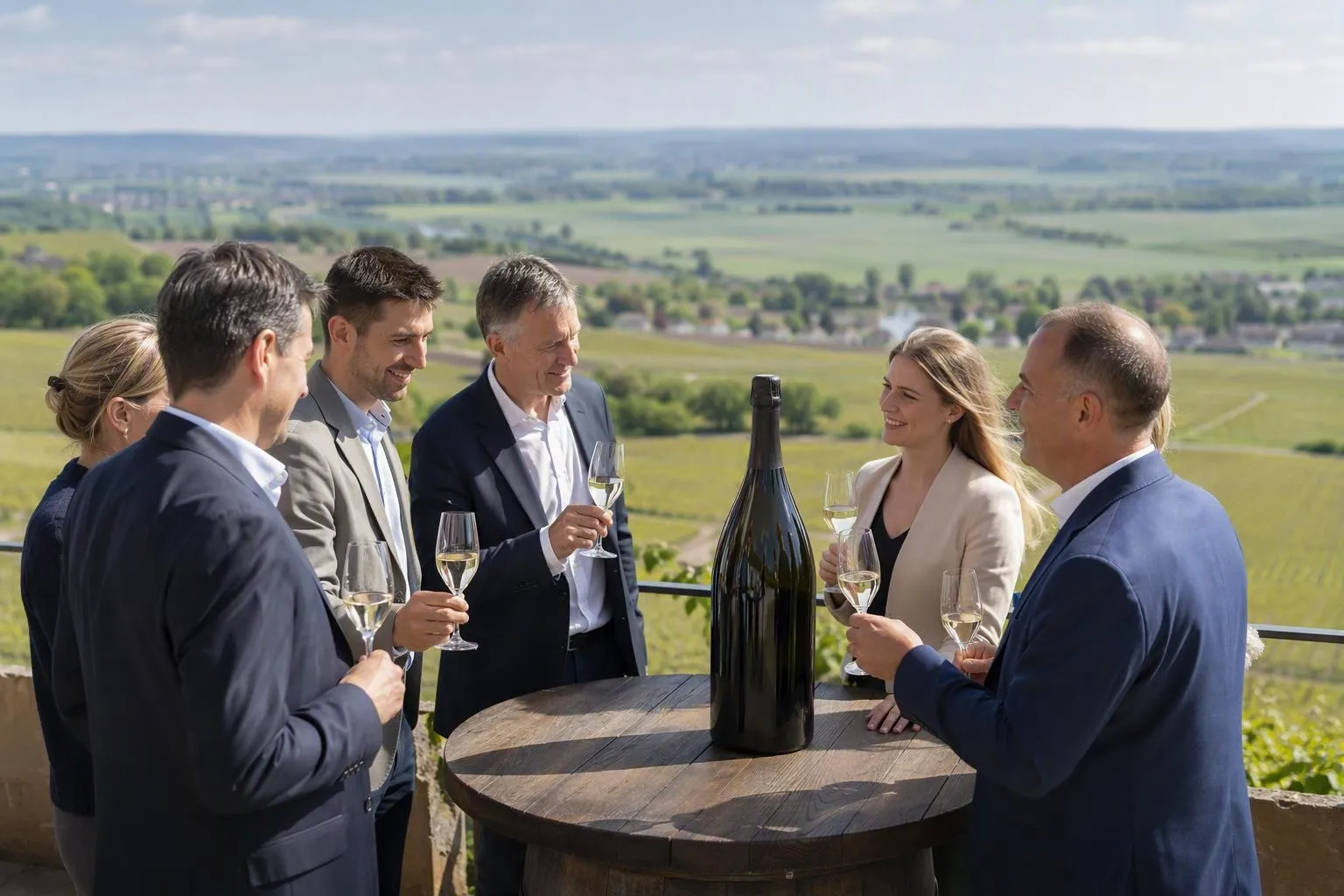Groupe d'hommes et de femmes en tenue professionnelle dégustant du vin sur un balcon avec vue panoramique.