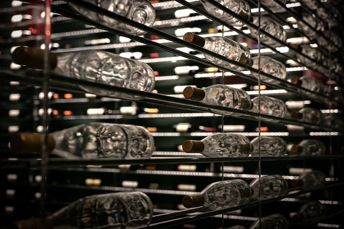 Rangée de bouteilles de vin sur des étagères métalliques dans un cellier sombre.