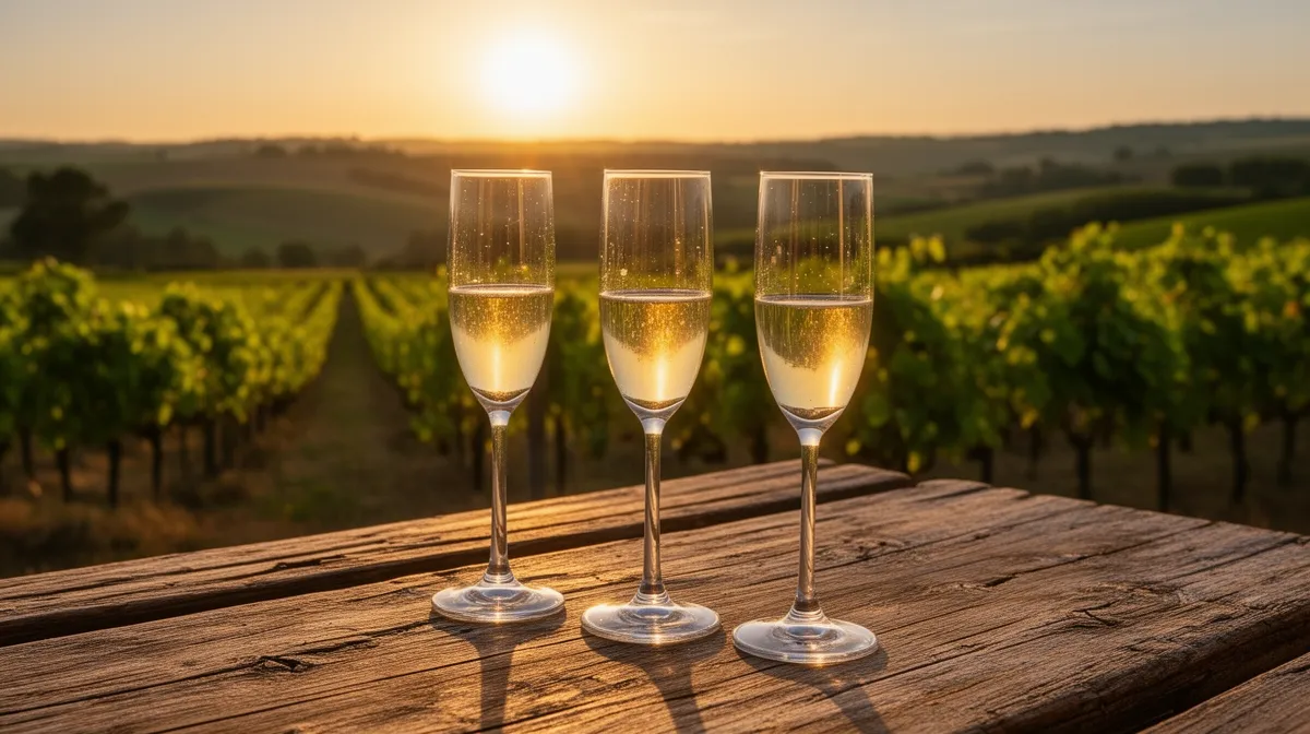Verres de champagne sur une terrasse avec vue sur un vignoble au coucher du soleil.