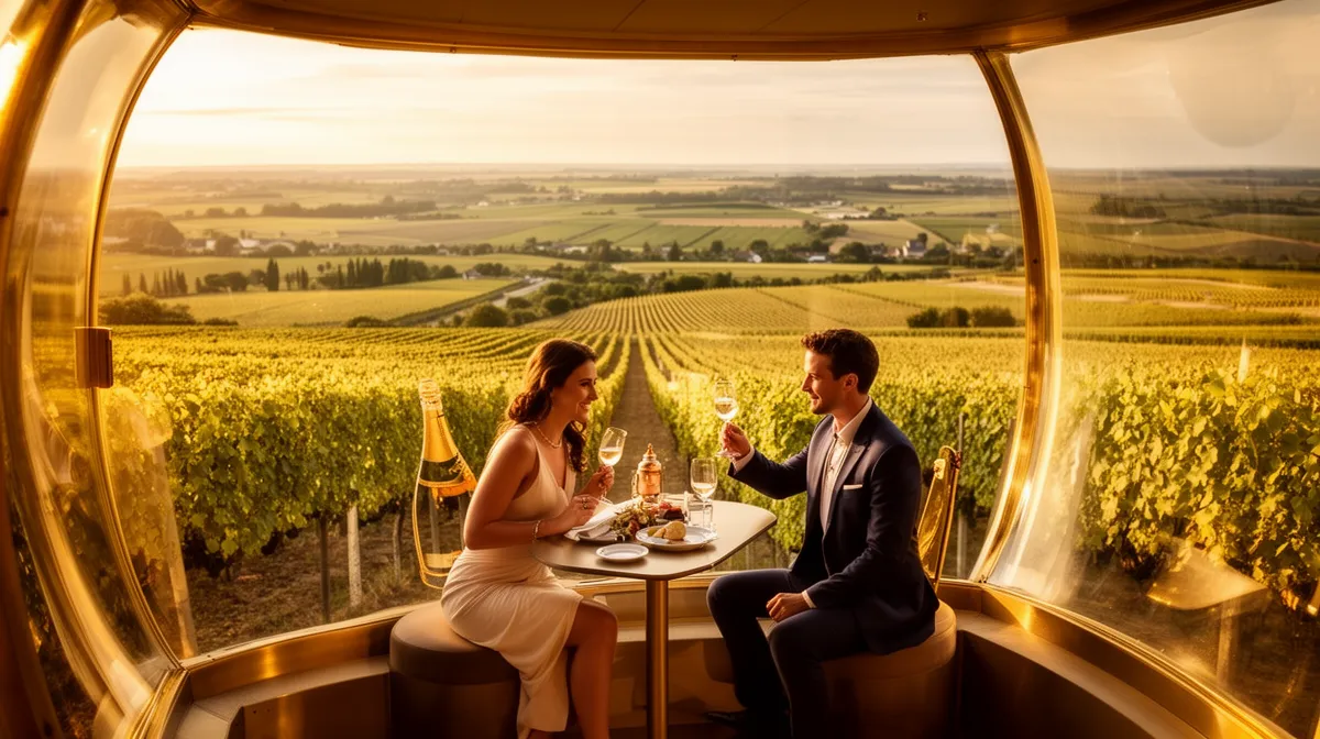 Couple romantique dînant dans un vignoble au coucher de soleil.