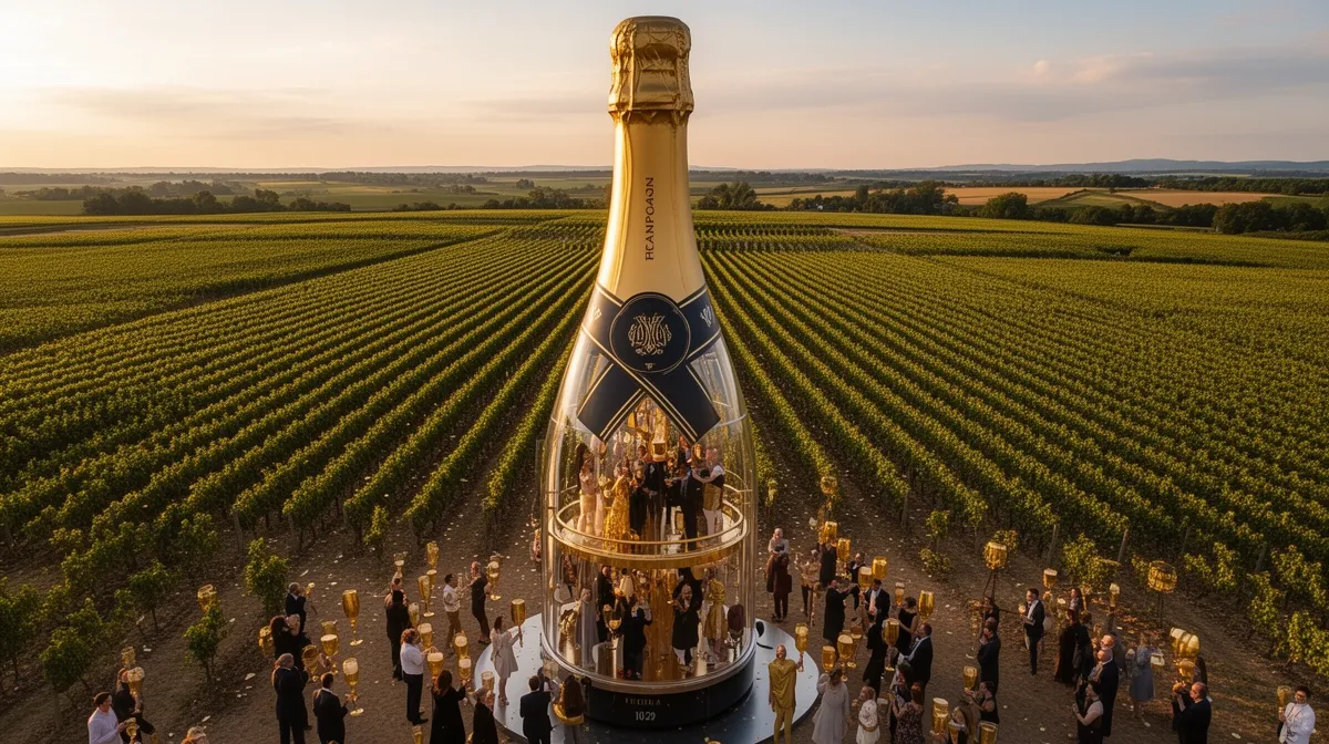 Bouteille de champagne géante dans un vignoble au coucher de soleil.
