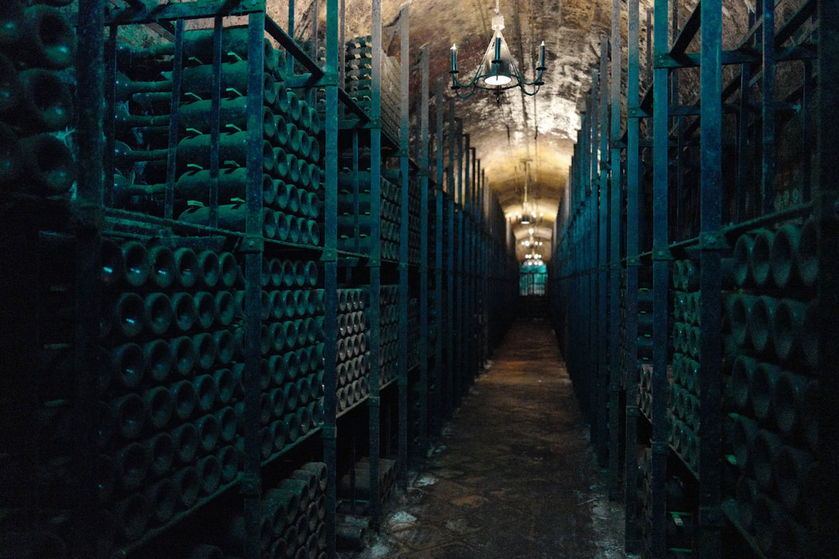 Couloir sombre et voûté rempli de rangées de bouteilles de vin.