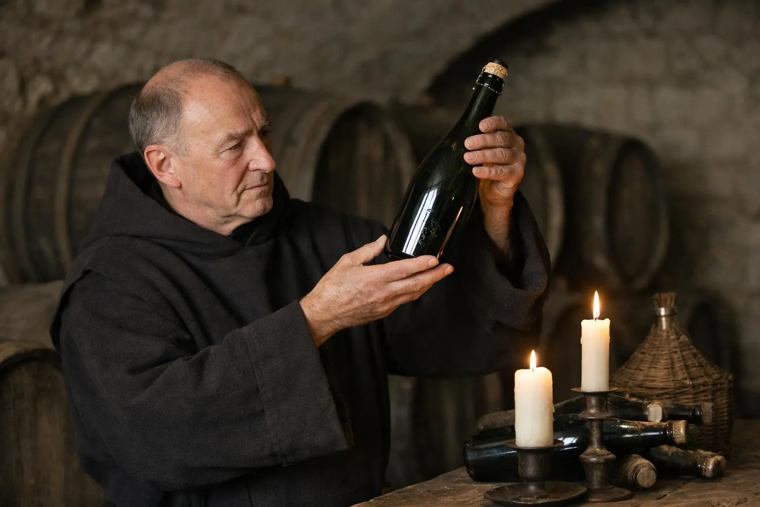 Homme âgé en robe noire examinant une bouteille de vin dans une cave sombre.
