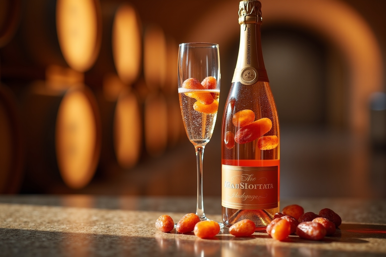 Bouteille de champagne, verre de champagne avec fruits, ambiance chaleureuse.