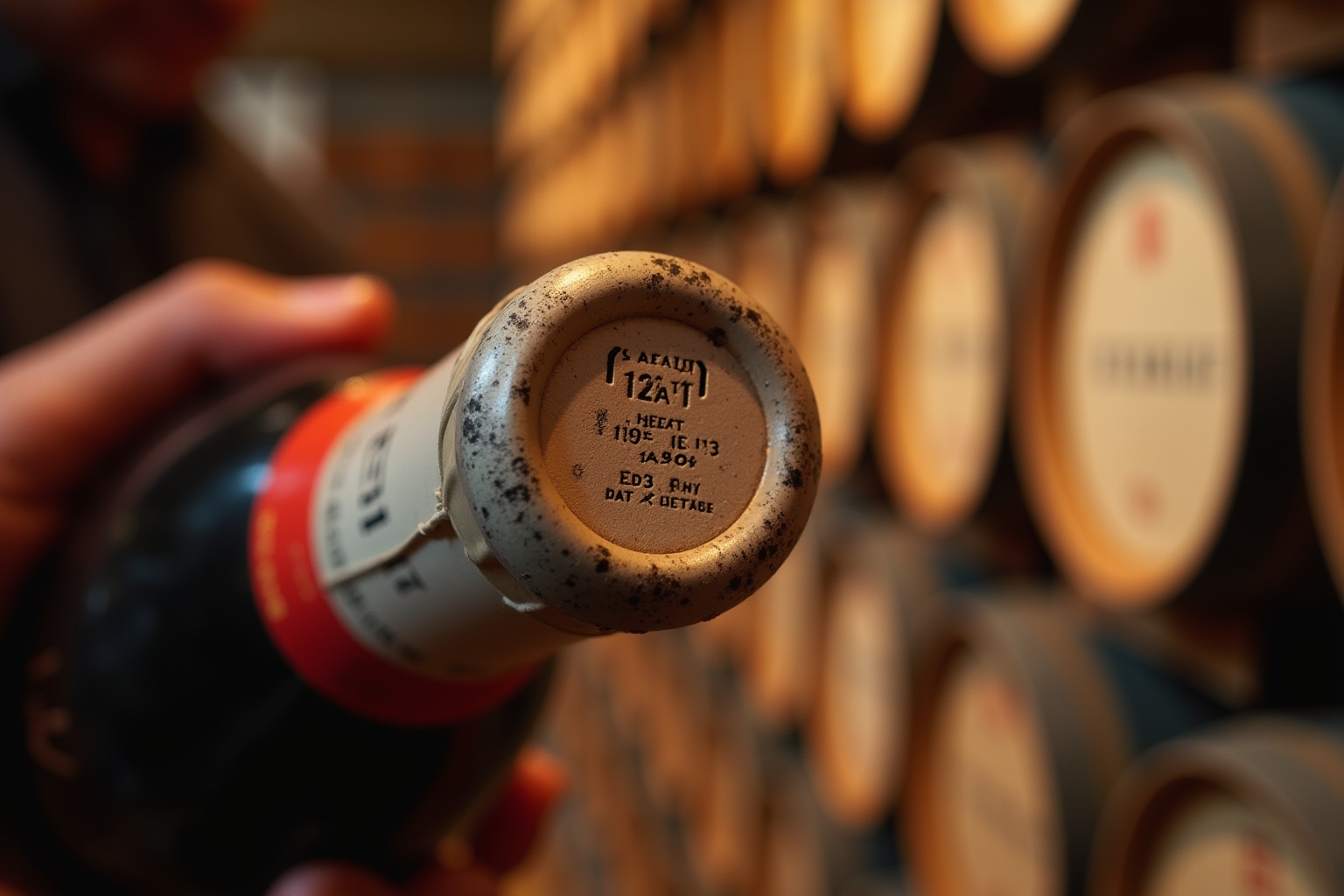 Bouteille de vin rouge avec étiquette vintage et détails texturés.
