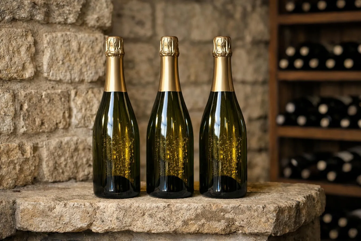 Trois bouteilles de champagne dorées sur un mur de pierre.
