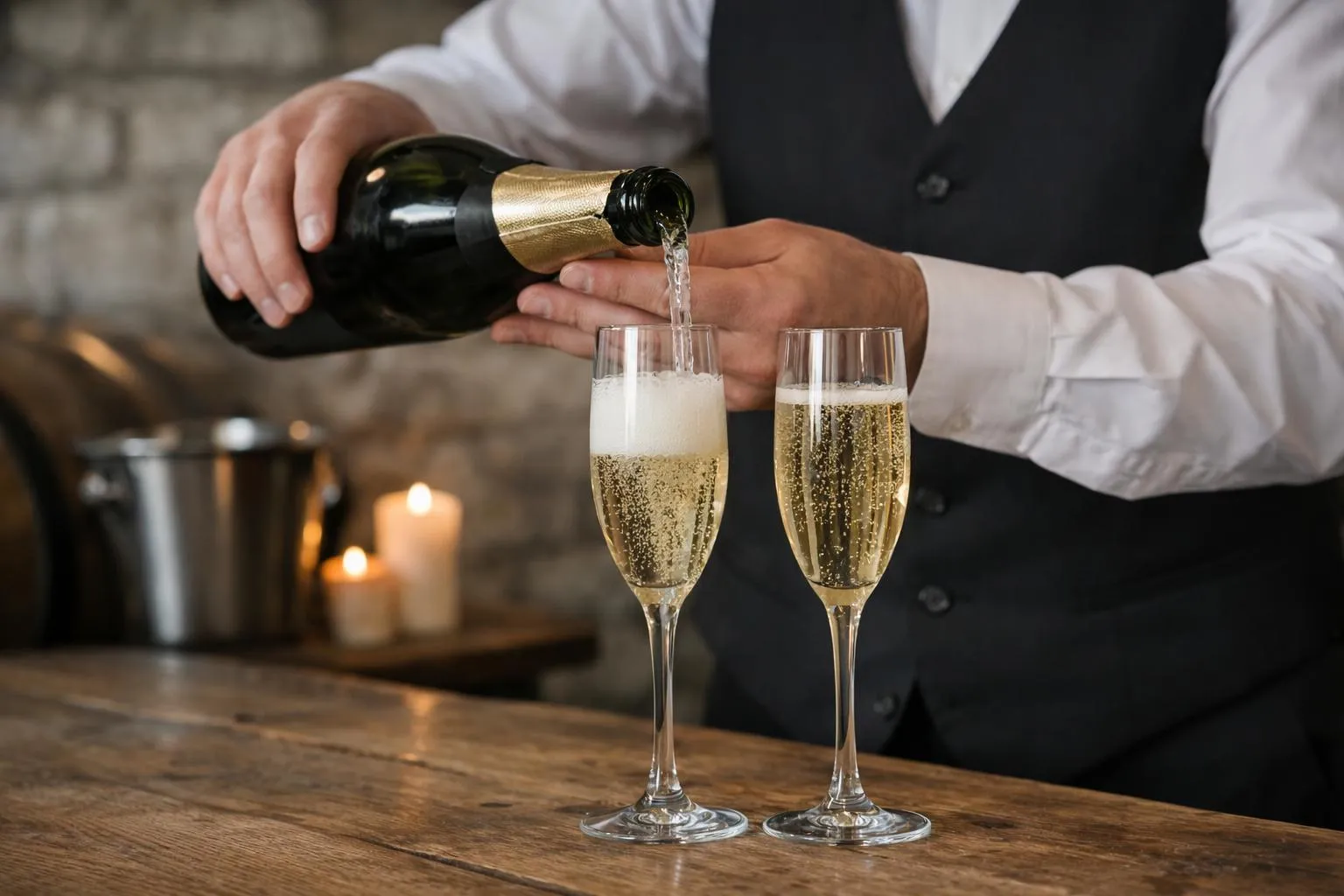 Deux coupes de champagne remplies, servies par un serveur en costume.