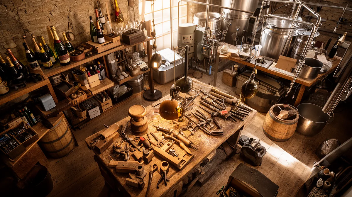Atelier artisanal encombré d'outils, d'ustensiles et de bouteilles de vin.