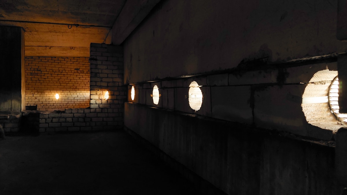 Couloir sombre avec éclairage tamisé et murs de briques.