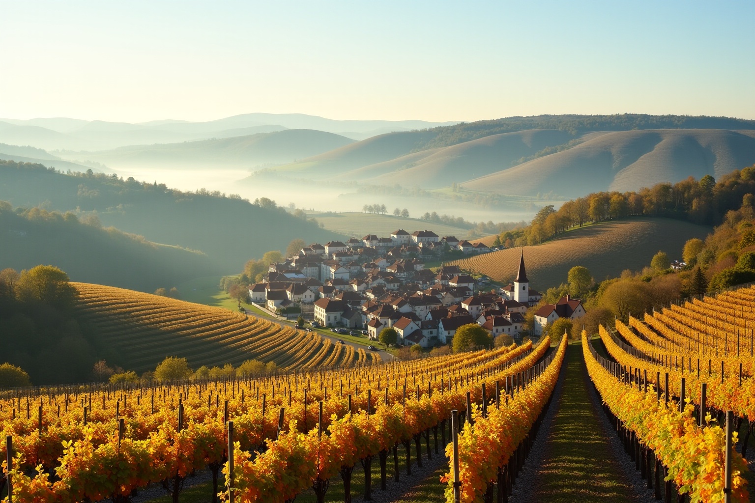 Paysage de vignobles vallonnés avec village pittoresque en automne.