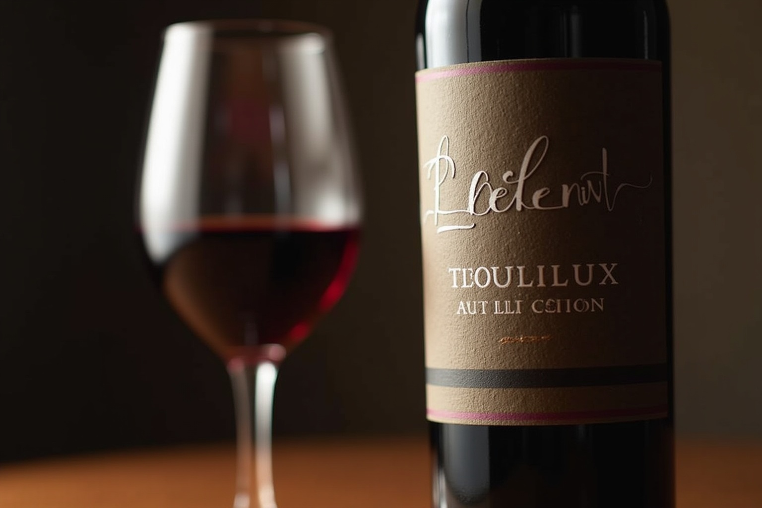 Bouteille de vin rouge Teoulillux avec verre de vin.