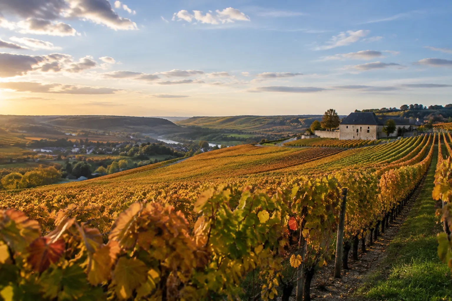 Vignobles dorés vallonnés, château et village sous ciel nuageux.
