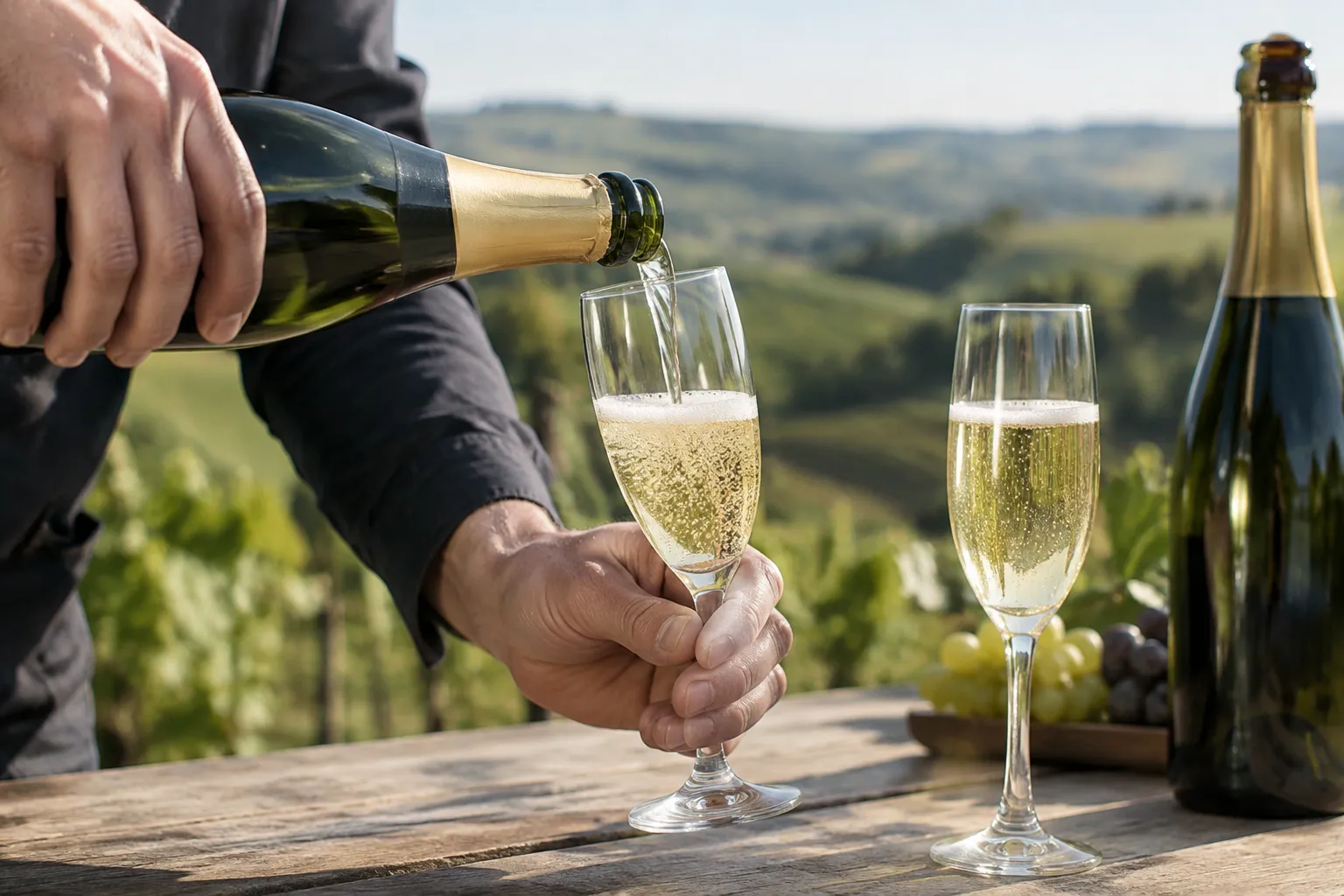 Personne versant du champagne dans une flûte au vignoble