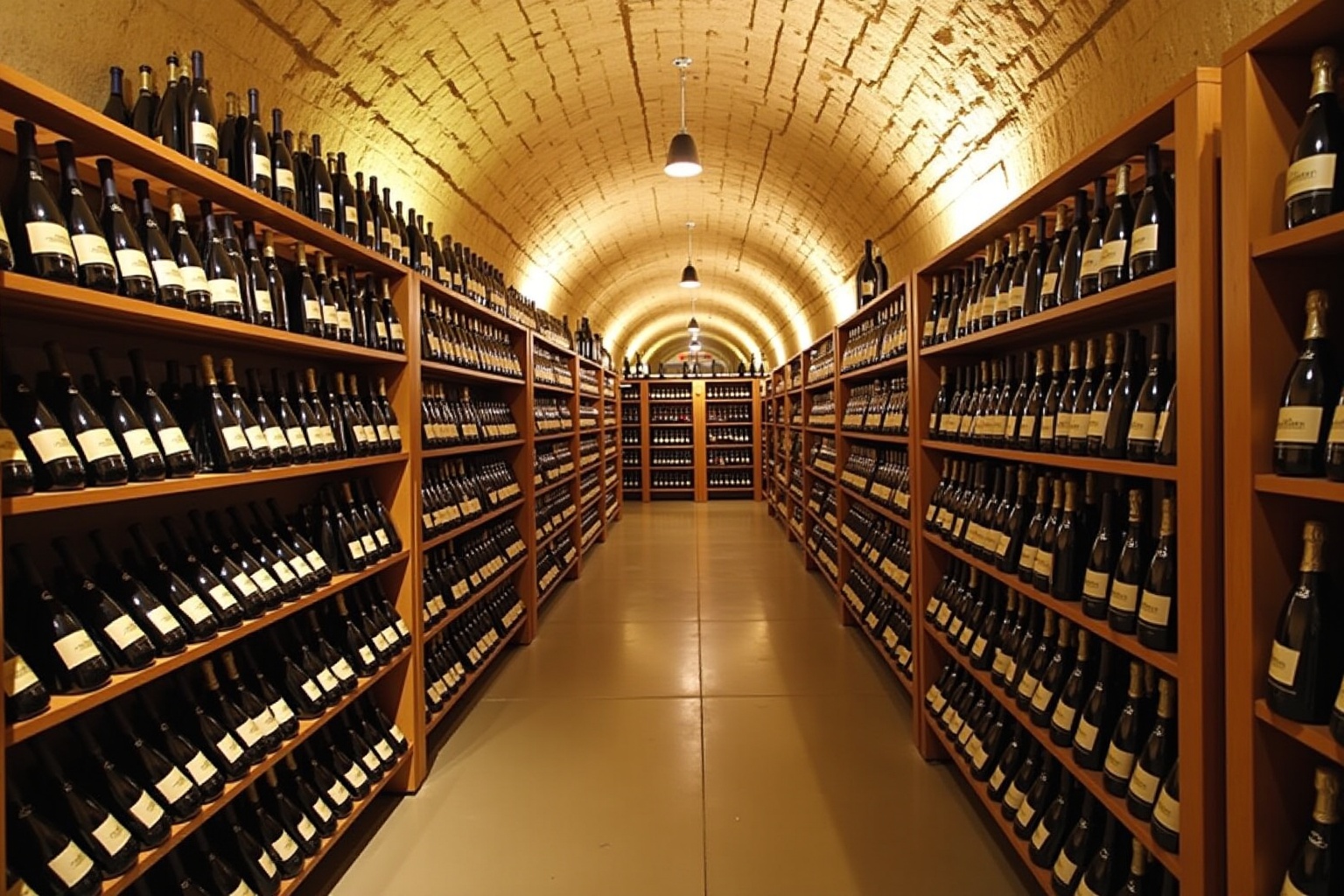 Rangées de bouteilles de vin dans un cellier voûté.