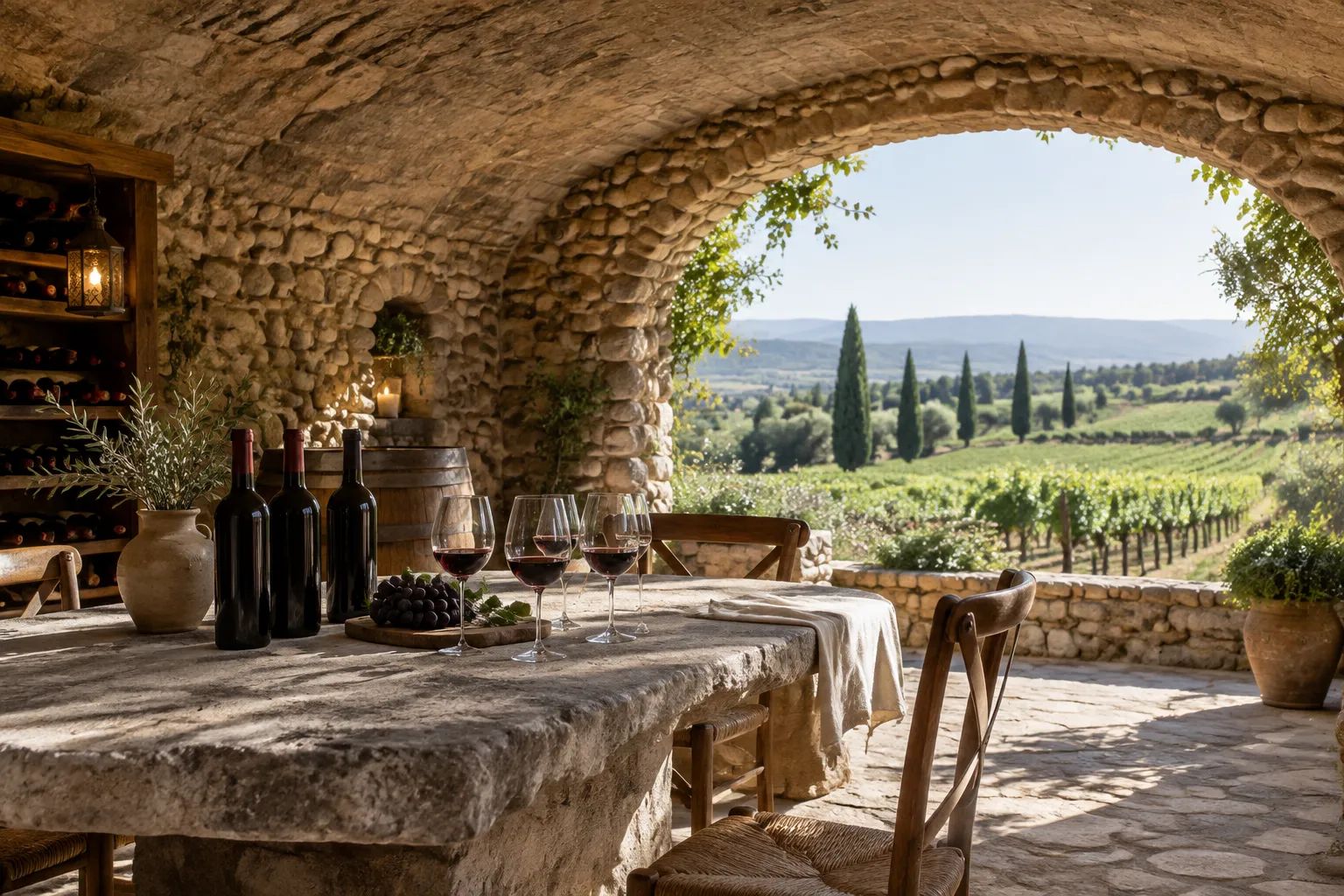 Dégustation de vin dans une cave ouverte sur vignobles toscans