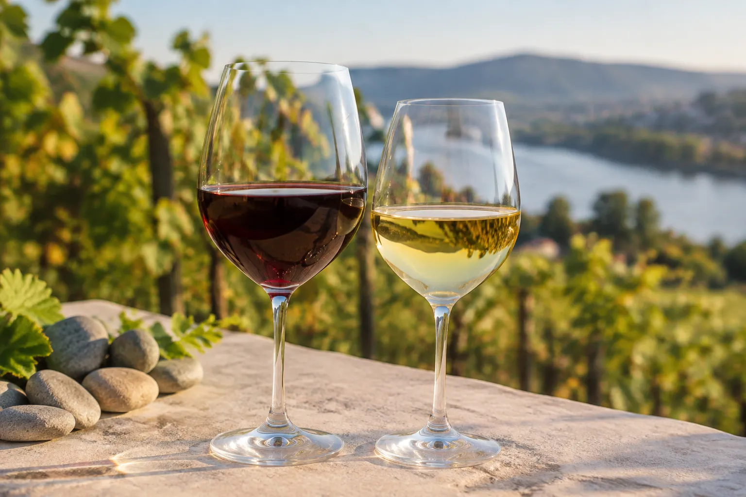Deux verres de vin surplombant un vignoble et lac.