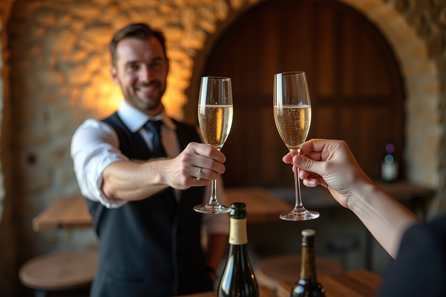 dégustation de Champagne Michaux, sommelier tenant une flûte de champagne dans un cellier rustique