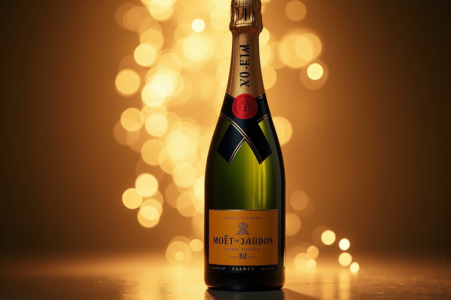Bouteille de Moët et Chandon en gros plan, étiquette et bouchon de liège détaillés, reflet sur verre.