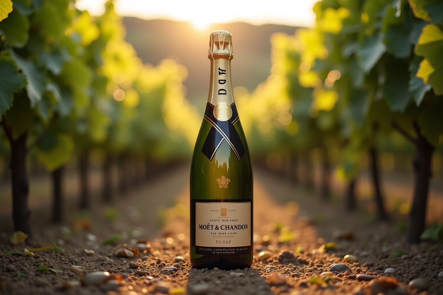 Bouteille de champagne Moët & Chandon dans un cellier viticole à Épernay