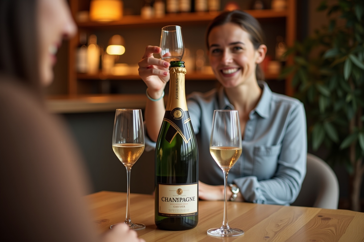Demi bouteille de champagne sur une table en bois avec deux verres, ambiance intime.