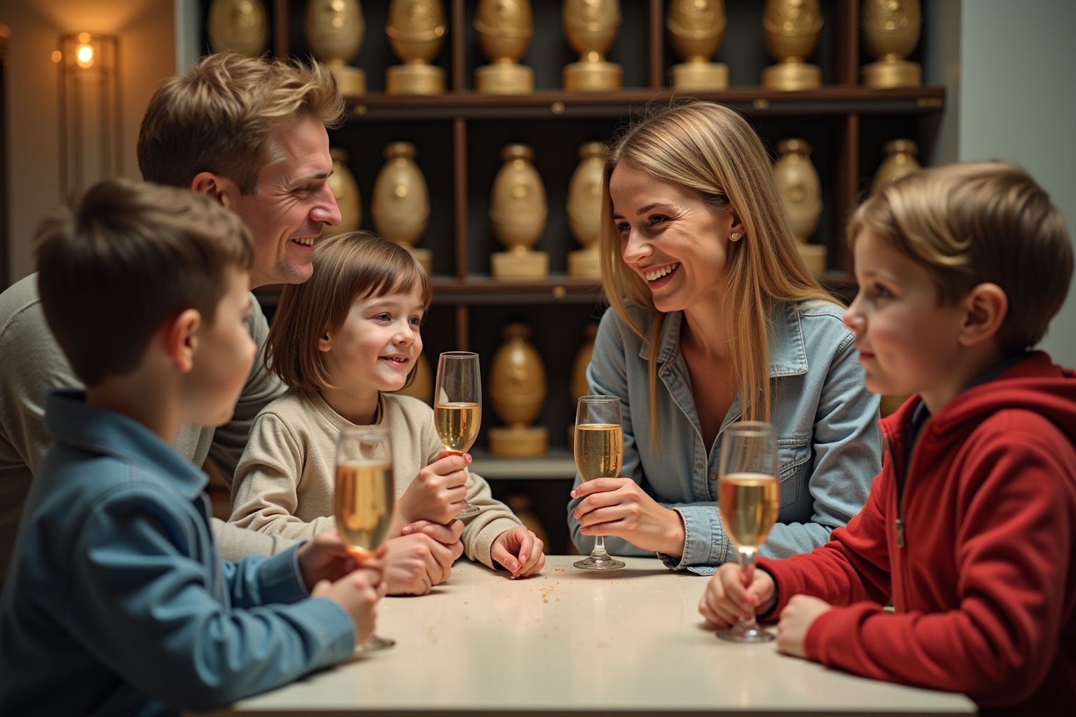 Famille dégustant du champagne Carbot dans un musée