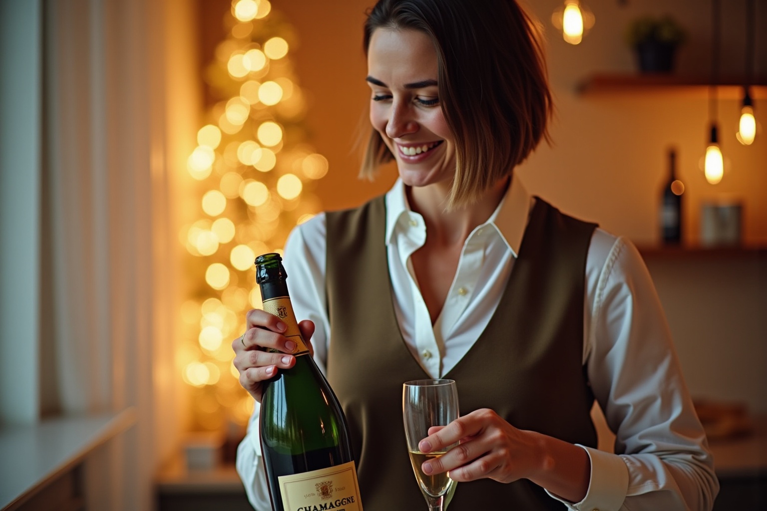 Une personne déchiffrant l'étiquette d'une bouteille de date champagne dans une pièce chaleureuse.